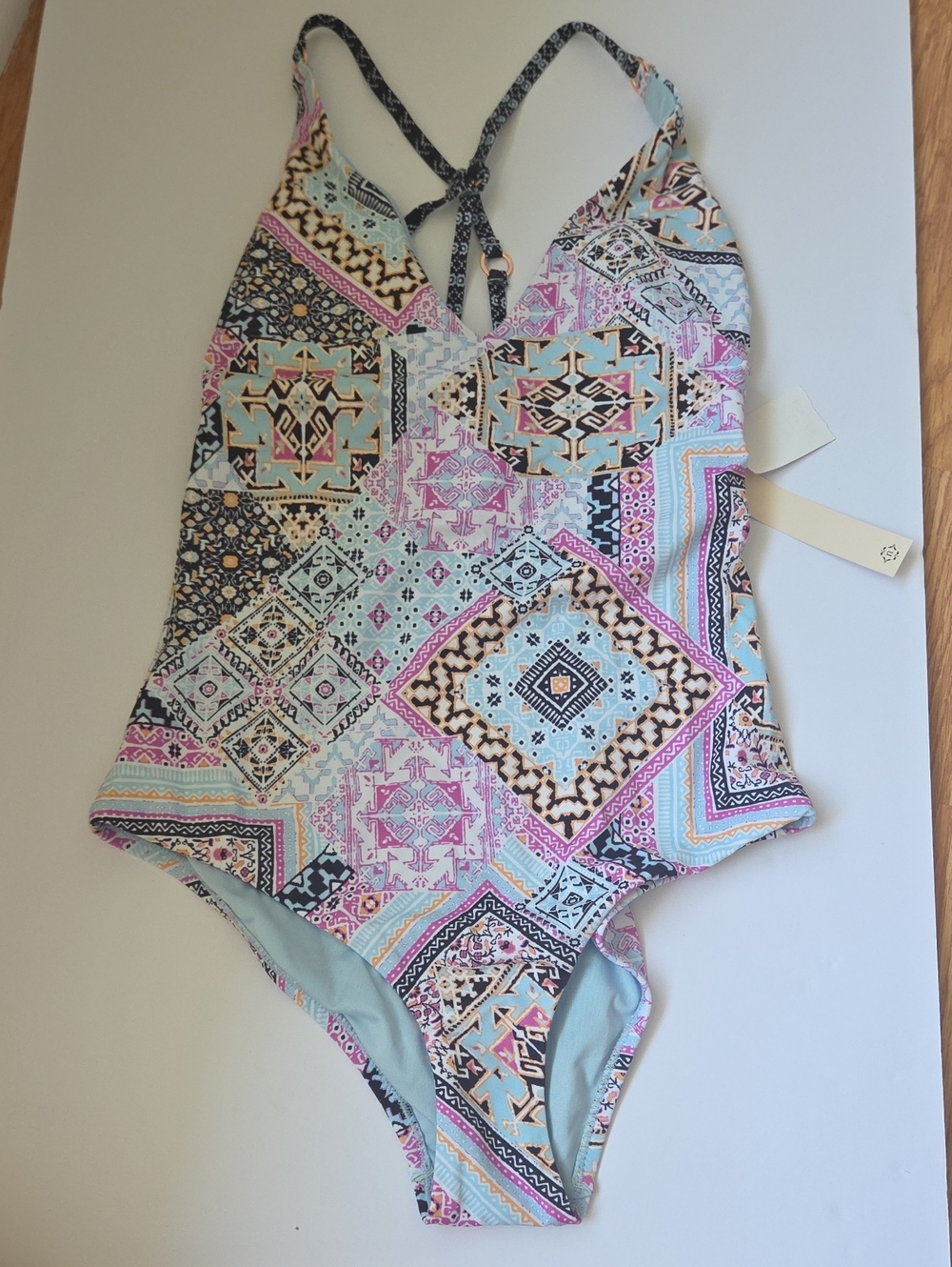 Nanette Lepore Swimsuit Sz 8 Tribal Blue Pink Abstract Criss Cross Strappy